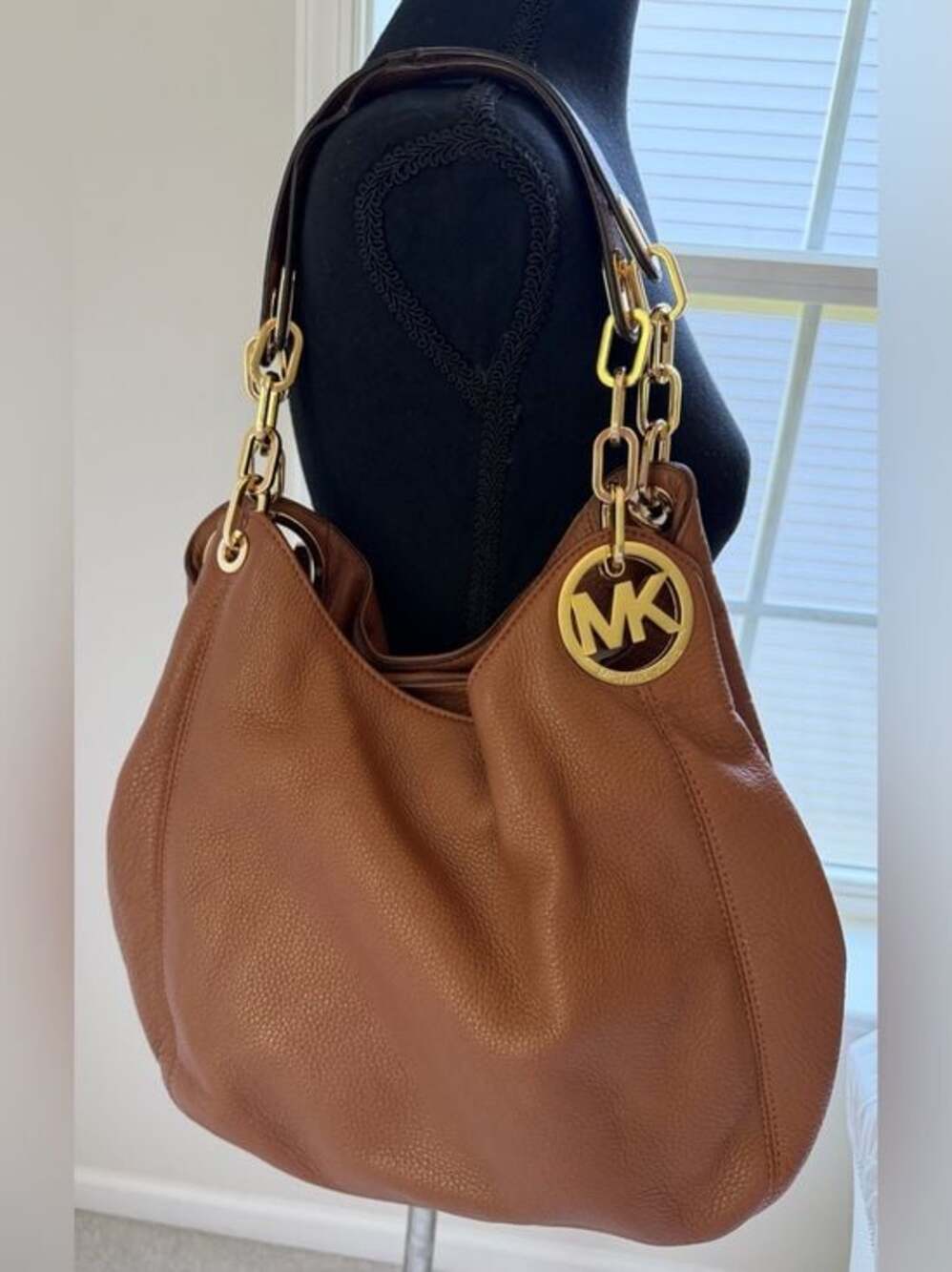 Michael Kors Cognac Pebbled Leather Large MK Charm Shoulder Tote Bag
